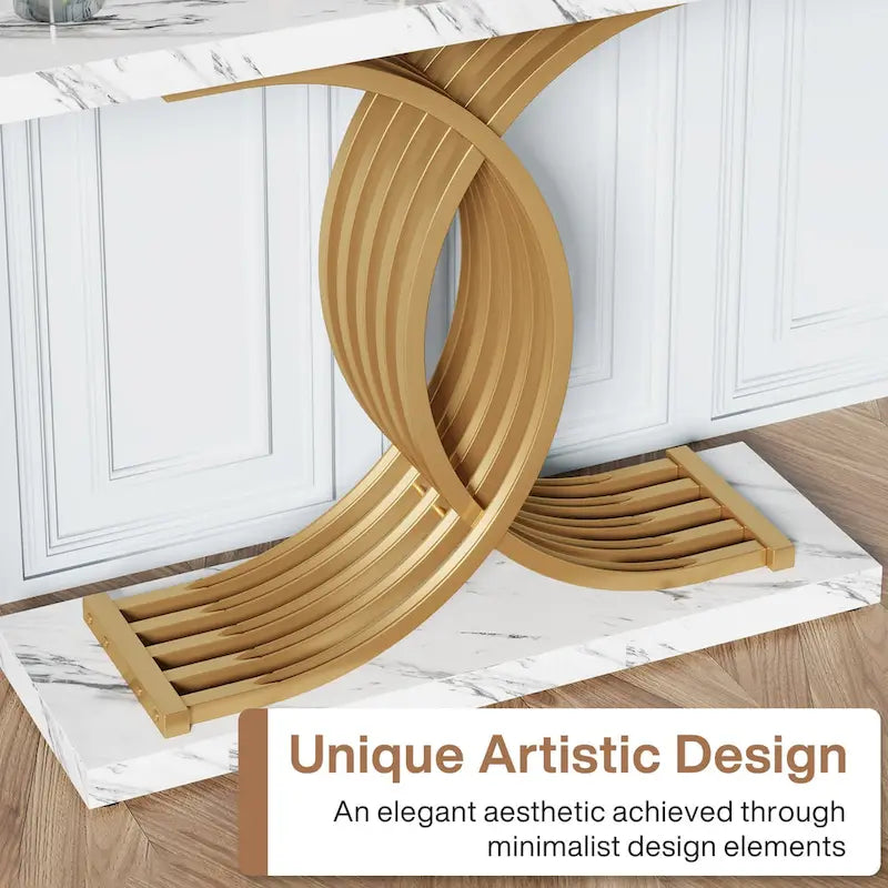 Tavolo da divano moderno nero/oro con ripiano in finto marmo, tavolo da ingresso in legno da 99 cm con gambe geometriche in metallo per l'ingresso