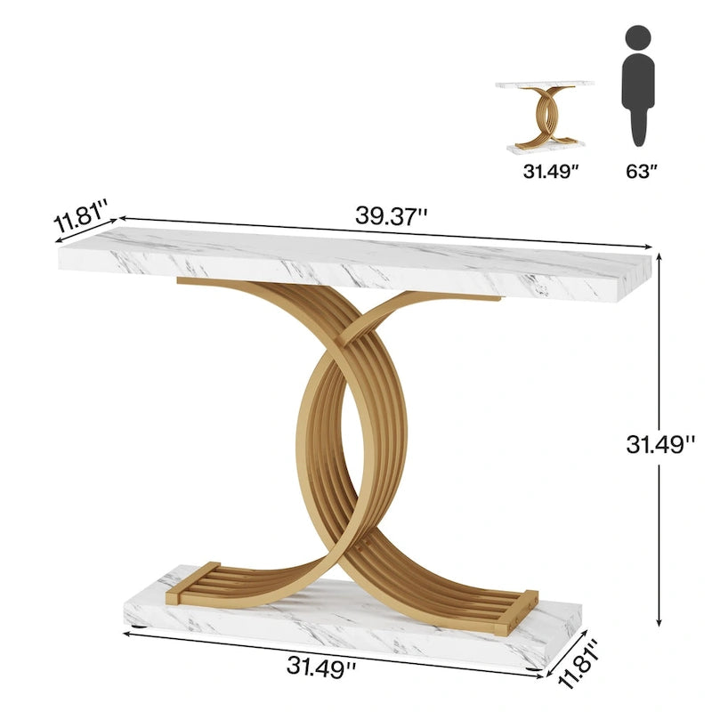 Tavolo da divano moderno nero/oro con ripiano in finto marmo, tavolo da ingresso in legno da 99 cm con gambe geometriche in metallo per l'ingresso