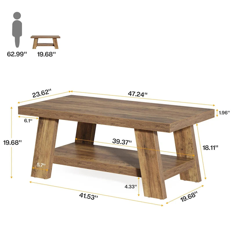 Tavolino da caffè stile rustico, tavolino centrale da 120 cm