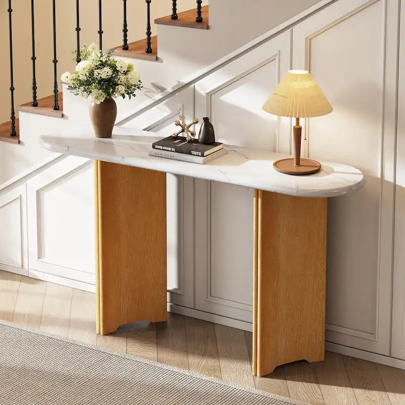 Tavolo Consolle Ovale con Piano Effetto Marmo, Tavolo da Ingresso Stretto da Divano, Tavolo d'Appoggio per Corridoio con Base Triangolare