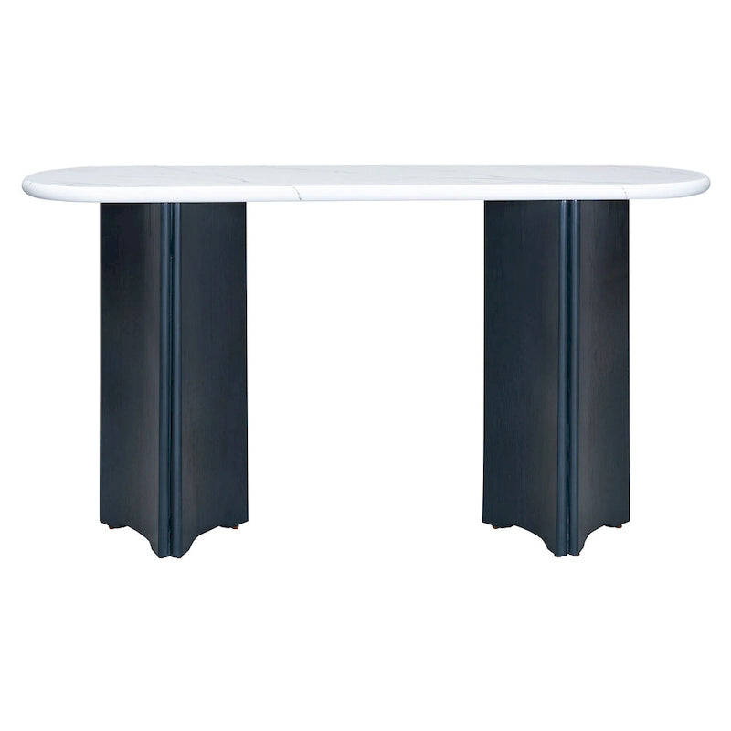 Tavolo Consolle Ovale con Piano Effetto Marmo, Tavolo da Ingresso Stretto da Divano, Tavolo d'Appoggio per Corridoio con Base Triangolare