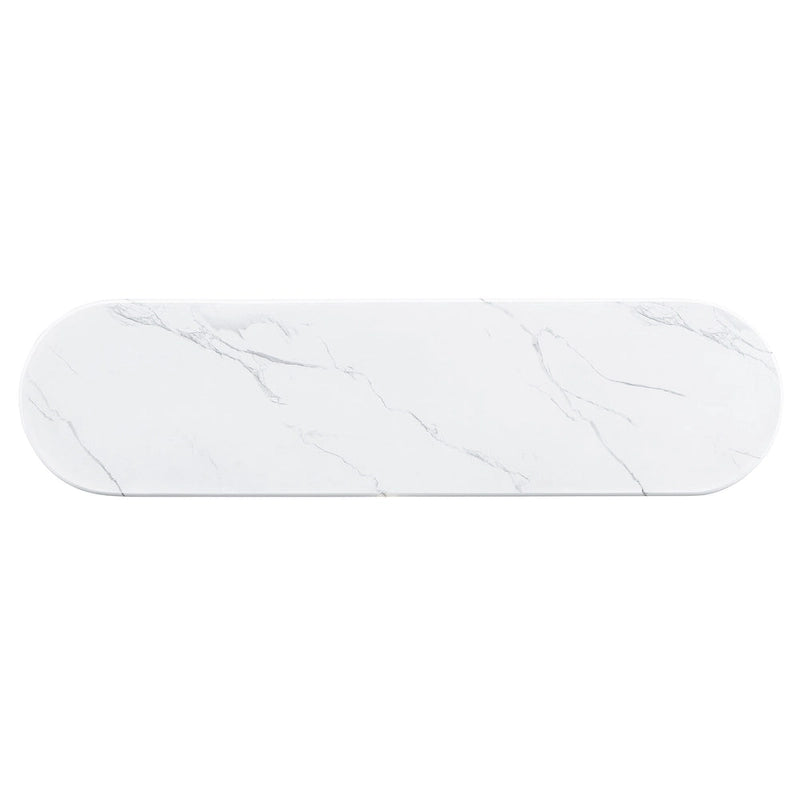 Tavolo Consolle Ovale con Piano Effetto Marmo, Tavolo da Ingresso Stretto da Divano, Tavolo d'Appoggio per Corridoio con Base Triangolare