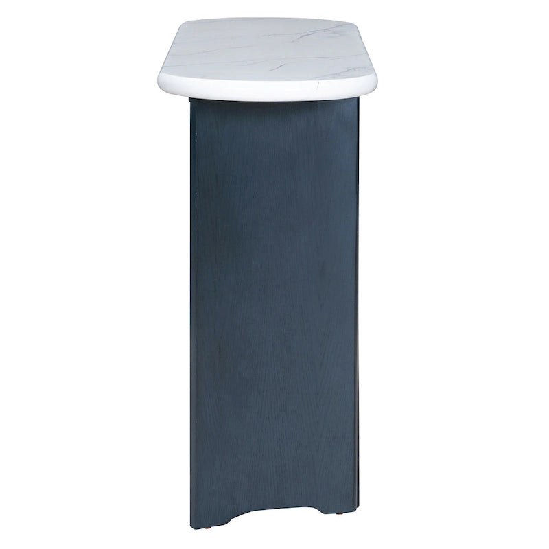 Tavolo Consolle Ovale con Piano Effetto Marmo, Tavolo da Ingresso Stretto da Divano, Tavolo d'Appoggio per Corridoio con Base Triangolare
