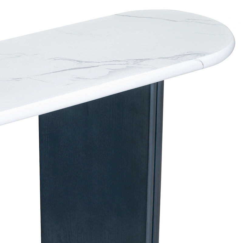 Tavolo Consolle Ovale con Piano Effetto Marmo, Tavolo da Ingresso Stretto da Divano, Tavolo d'Appoggio per Corridoio con Base Triangolare