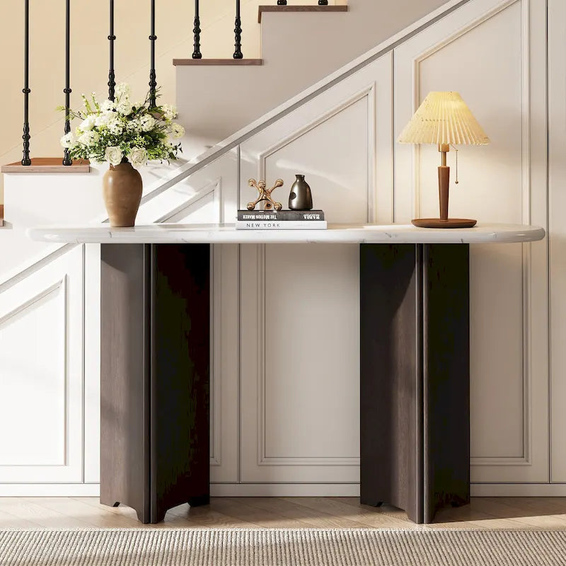 Tavolo Consolle Ovale con Piano Effetto Marmo, Tavolo da Ingresso Stretto da Divano, Tavolo d'Appoggio per Corridoio con Base Triangolare