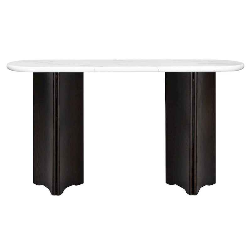 Tavolo Consolle Ovale con Piano Effetto Marmo, Tavolo da Ingresso Stretto da Divano, Tavolo d'Appoggio per Corridoio con Base Triangolare