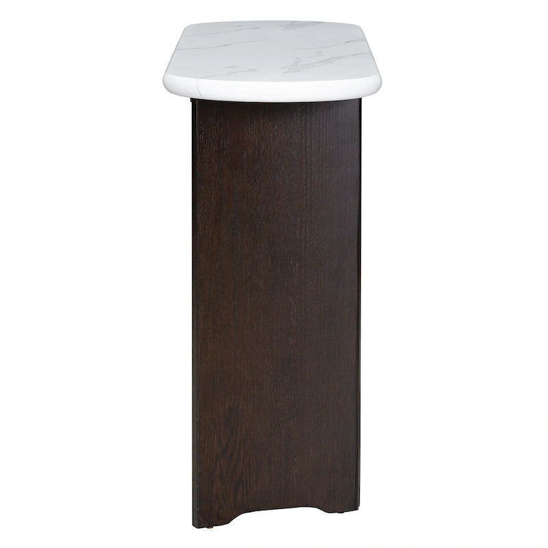 Tavolo Consolle Ovale con Piano Effetto Marmo, Tavolo da Ingresso Stretto da Divano, Tavolo d'Appoggio per Corridoio con Base Triangolare