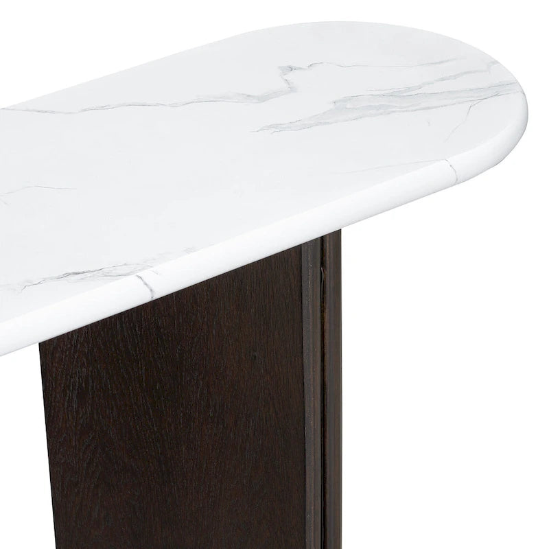 Tavolo Consolle Ovale con Piano Effetto Marmo, Tavolo da Ingresso Stretto da Divano, Tavolo d'Appoggio per Corridoio con Base Triangolare