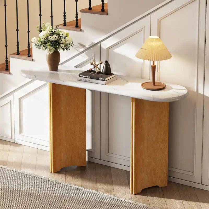 Tavolo Consolle Ovale con Piano Effetto Marmo, Tavolo da Ingresso Stretto da Divano, Tavolo d'Appoggio per Corridoio con Base Triangolare