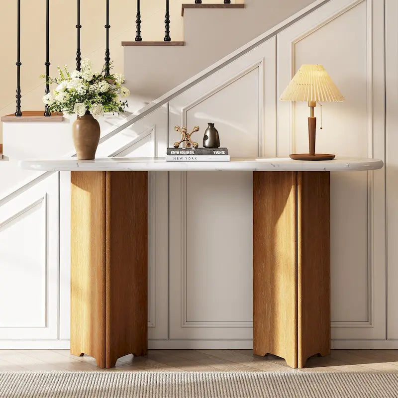 Tavolo Consolle Ovale con Piano Effetto Marmo, Tavolo da Ingresso Stretto da Divano, Tavolo d'Appoggio per Corridoio con Base Triangolare