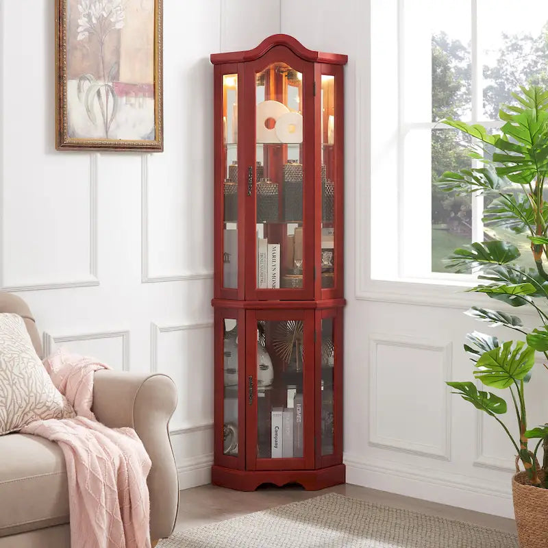 Vetrinetta ad Angolo Illuminata con Ante e Ripiani in Vetro Temperato - Elegante Espositore Ciliegio con Lampadina