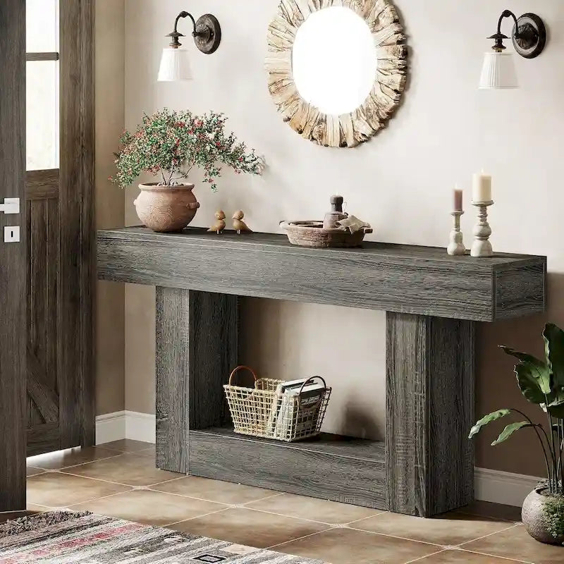 Tavolo d'ingresso a 2 livelli in stile rustico, consolle da 160 cm, tavolo stretto da divano