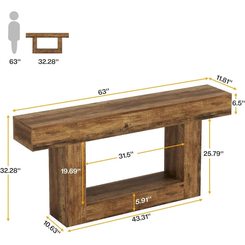 Tavolo d'ingresso a 2 livelli in stile rustico, consolle da 160 cm, tavolo stretto da divano