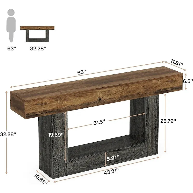 Tavolo d'ingresso a 2 livelli in stile rustico, consolle da 160 cm, tavolo stretto da divano
