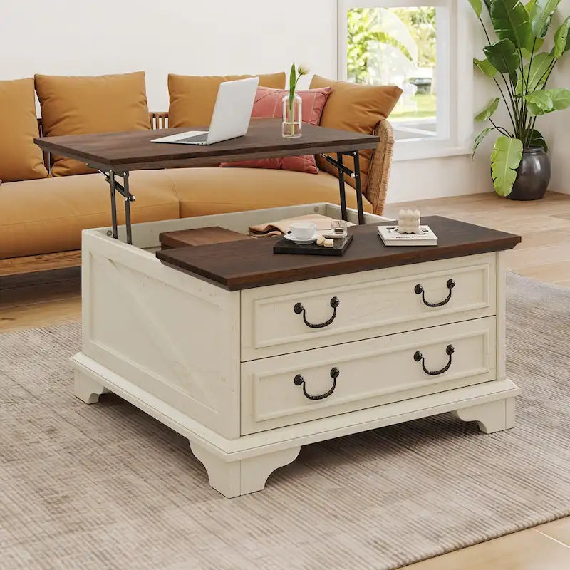 Moasis Tavolino da caffè con piano sollevabile, quadrato, in legno, con contenitore e 2 cassetti