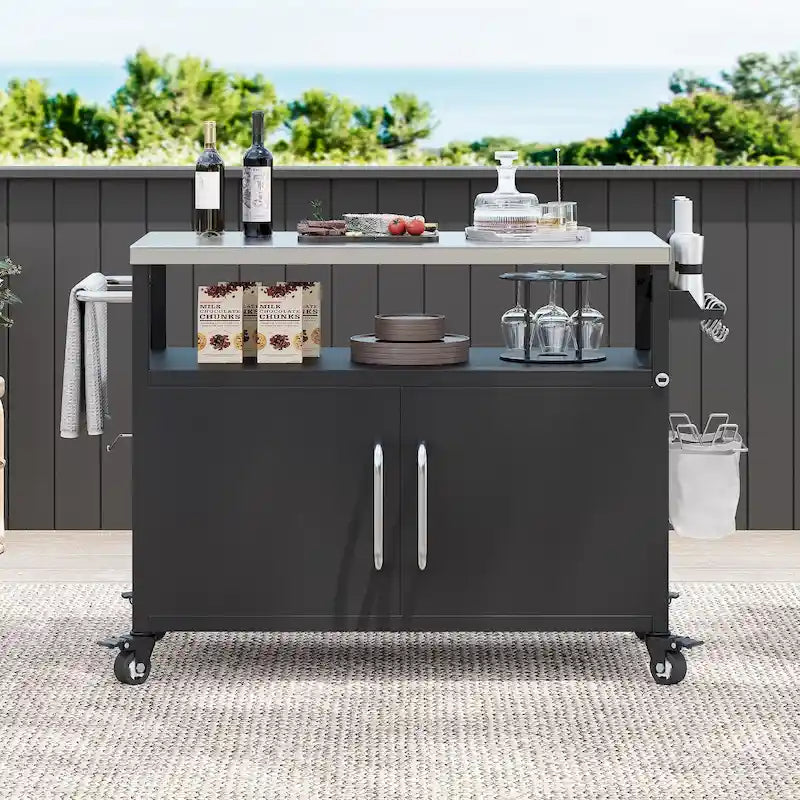 Isola da cucina per esterni con piano in acciaio inossidabile, carrello per barbecue in metallo con armadio di stoccaggio - N/A