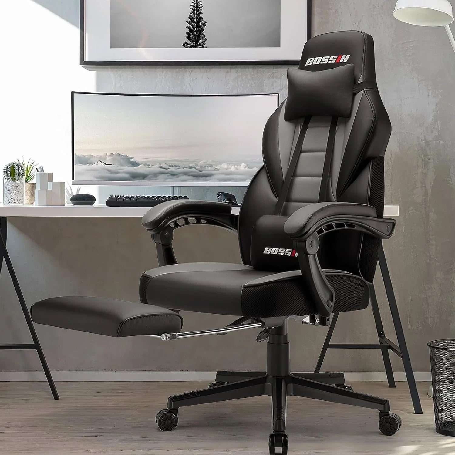 Sedia da gaming BOSSIN Racing Style, sedia da gamer per persone robuste fino a 136 kg, sedia da computer con schienale alto