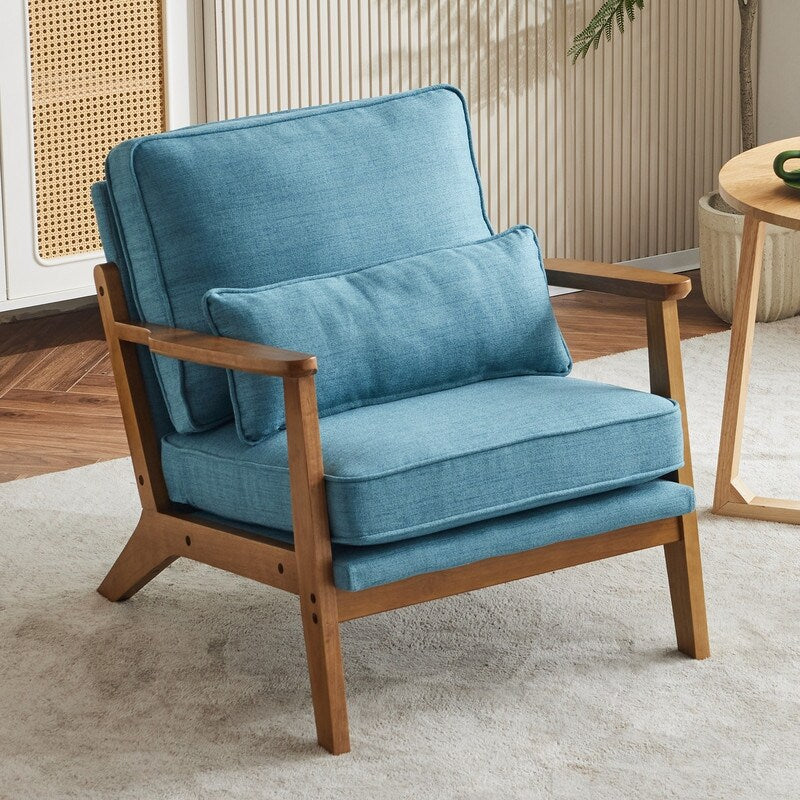 Fauteuil d'appoint rembourré en mélange de lin avec pieds en bois et un oreiller beige
