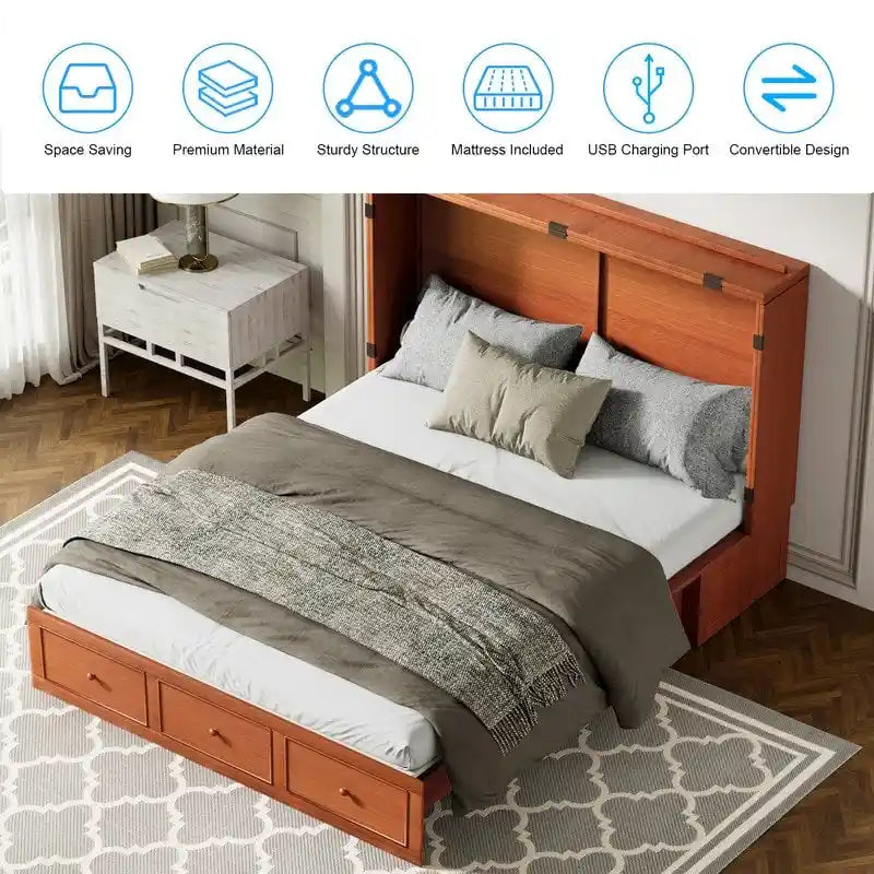 Letto a scomparsa con materasso pieghevole, letto a cubo moderno con cassetto portaoggetti e stazione di ricarica USB