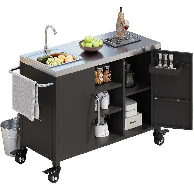 Isola cucina da esterno con lavello, Lavello portatile da esterno con 4 ruote bloccabili