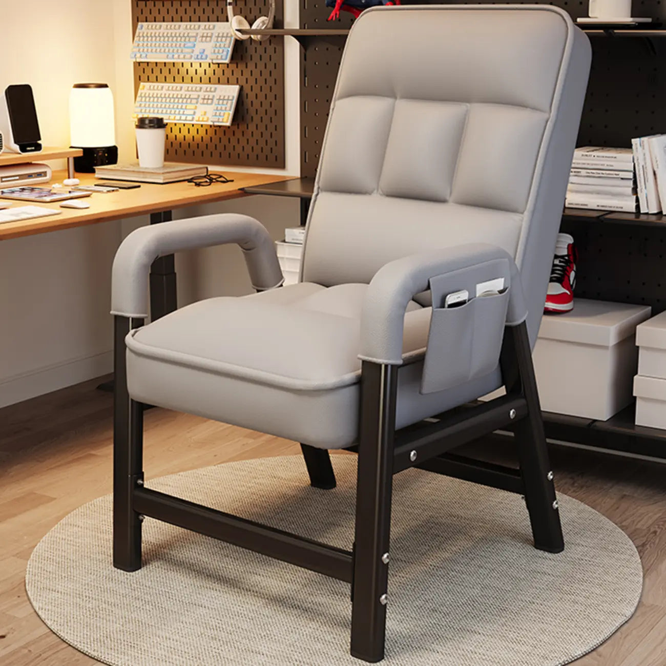 Sedia da ufficio moderna con 4 gambe, imbottita in tessuto grigio