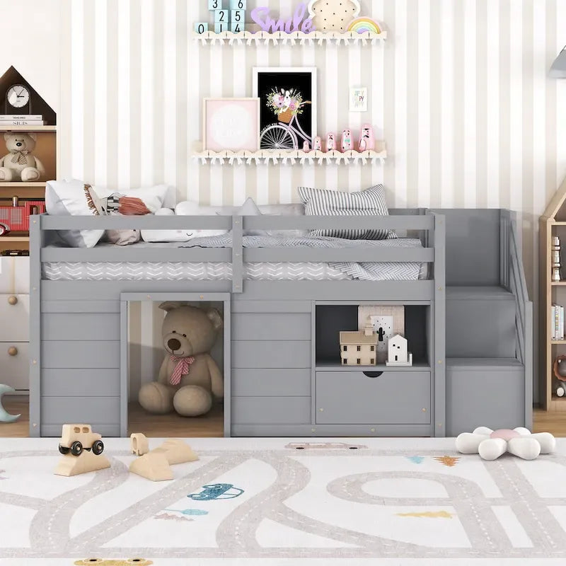 LETTO SINGOLO, LETTO A CASTELLO BASSO SINGOLO IN LEGNO MASSELLO CON SCALA, CASSETTO E SCAFFALE DI COLORE GRIGIO