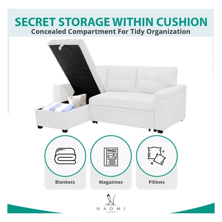 Divano sezionale reversibile con letto estraibile, chaise longue con contenitore nascosto, gambe durevoli,