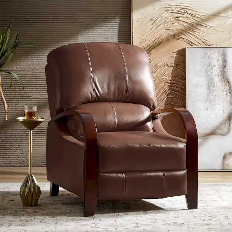 Poltrona reclinabile manuale Alex Mid-century Modern Cigar in vera pelle con braccioli ricurvi in legno
