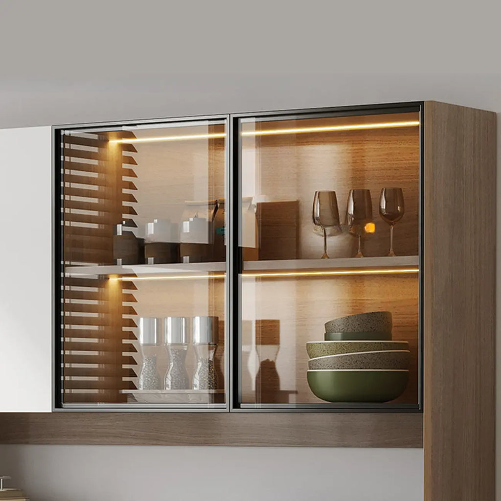 Credenza grande in legno e vetro con alzata superiore