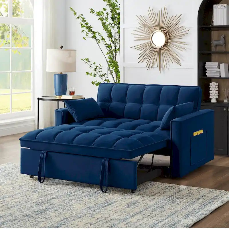 Divano letto a due posti 4 in 1 con braccioli e tasche portaoggetti, divano letto estraibile multifunzionale trapuntato con schienale regolabile