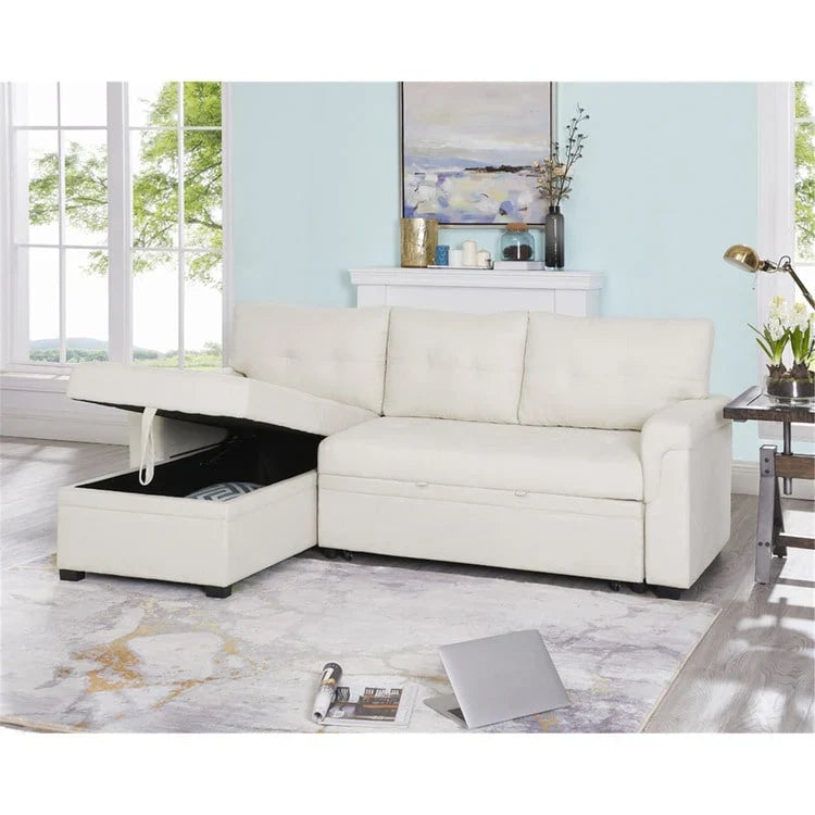 Divano componibile convertibile reversibile con letto estraibile, chaise longue con contenitore nascosto e gambe durevoli
