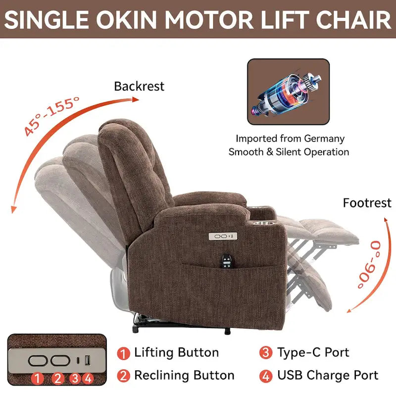 Poltrona Reclinabile Power Lift con Massaggio e Calore, Poltrone Reclinabili Larghe Imbottite Lazy Boy con USB, Porte Type C e 2 Portabicchieri in Acciaio