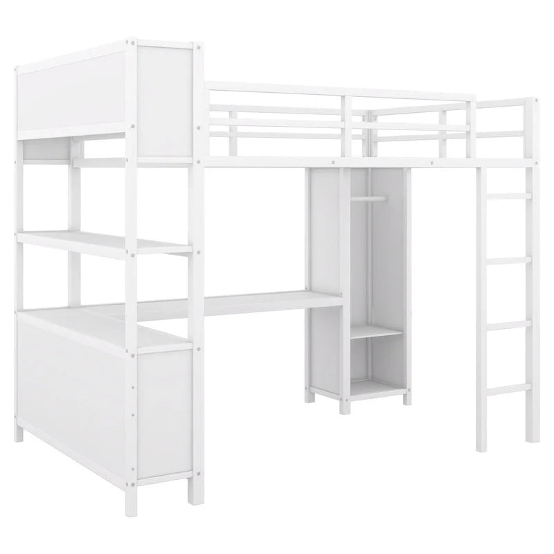 Letto a soppalco in metallo Off-White con scrivania e armadio - Matrimoniale