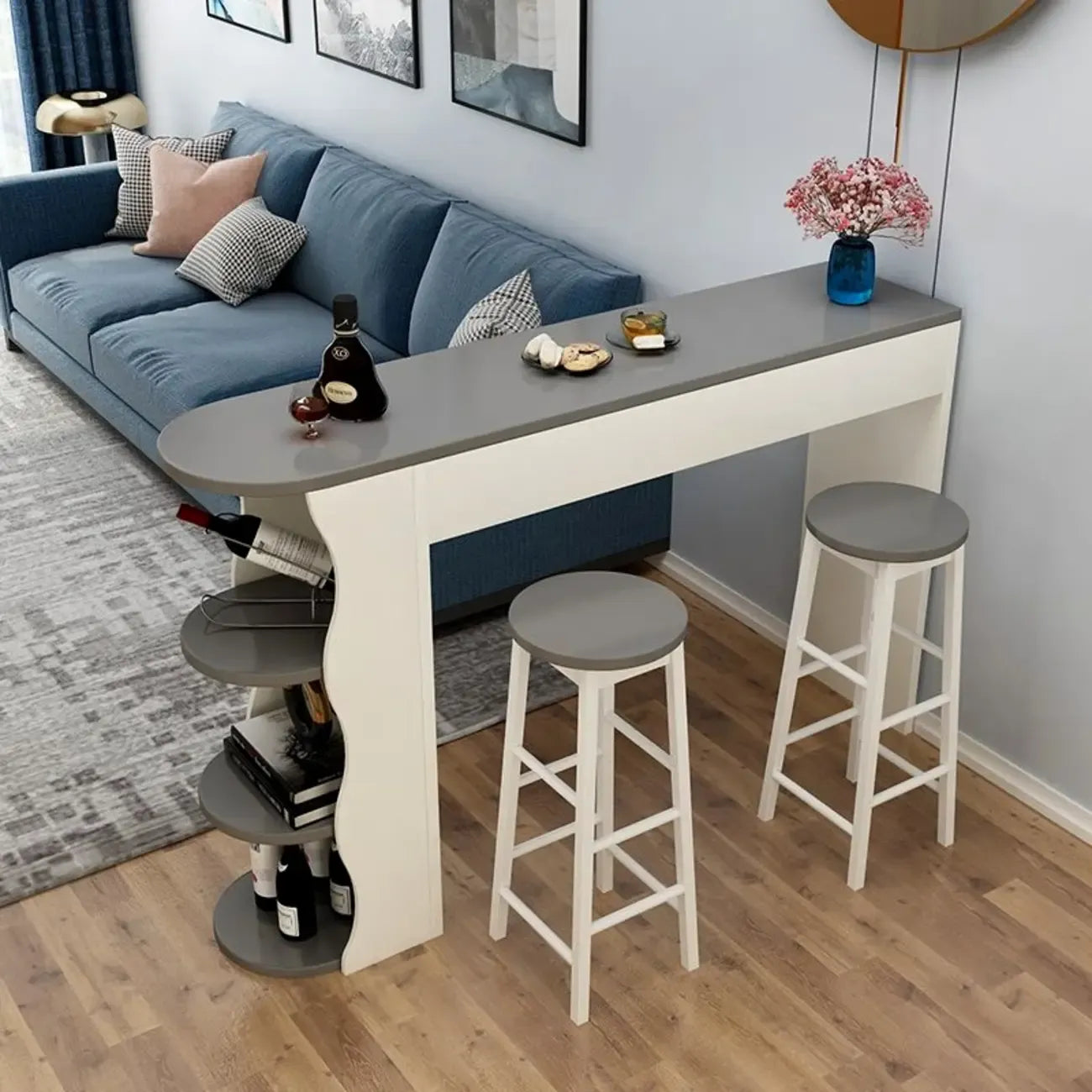 Tavoli da bar moderni con scaffali asimmetrici in legno bianco e nero