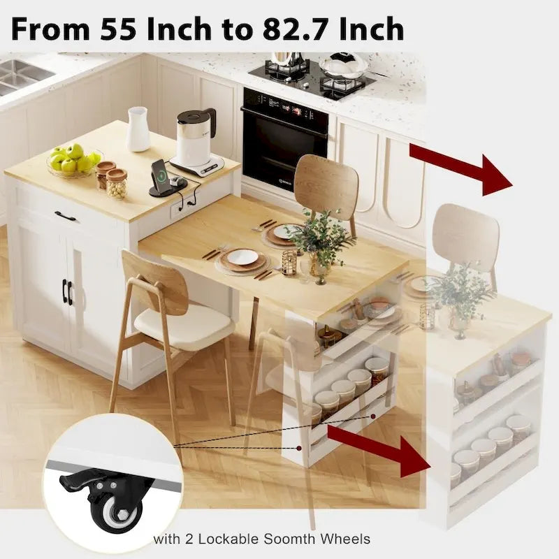 82.7 Isola da cucina in legno per 4-6 persone con tavolo da pranzo allungabile e contenitore a doppia dimensione