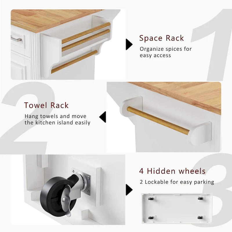 Grande isola da cucina con ribalta in legno, carrello da cucina arrotolabile con texture in rilievo, ante e cassetti con contenitore per cucina, bianco