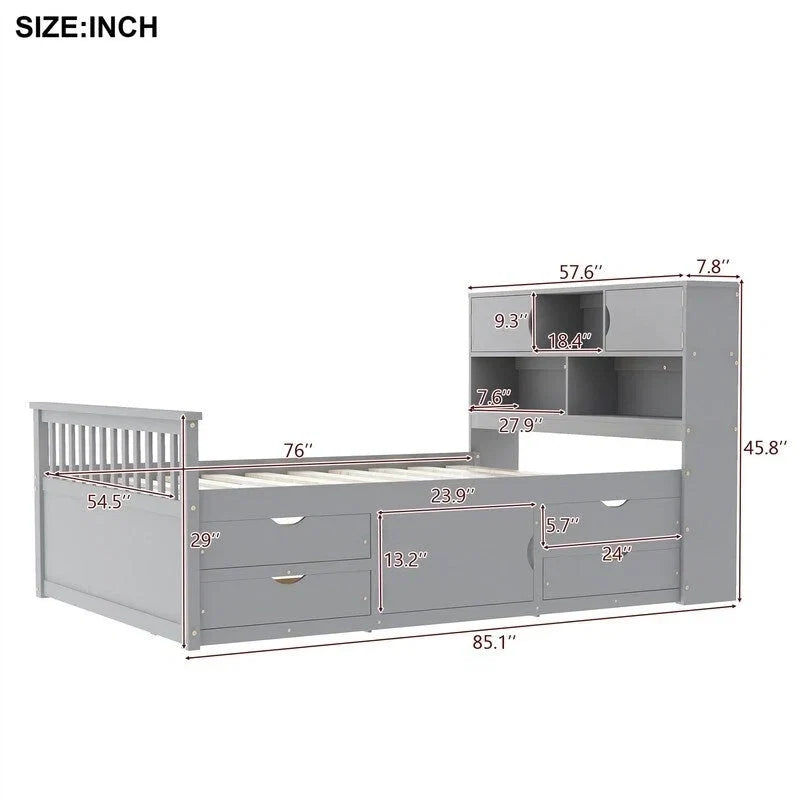 Letto a piattaforma Twin/Full Size Captain con 4 cassetti e mensole portaoggetti, struttura letto in legno massello con testiera libreria contenitore