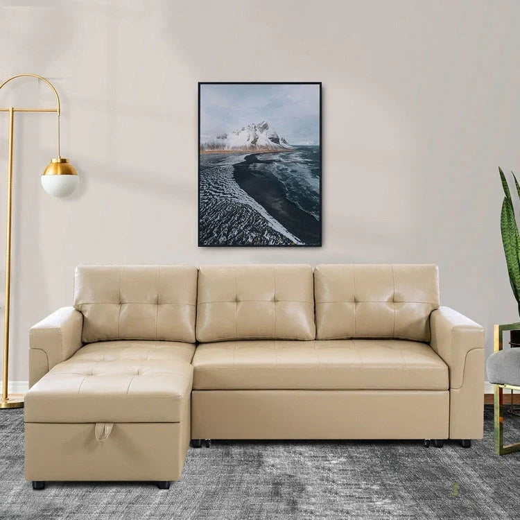 Divano componibile convertibile reversibile con letto estraibile, chaise longue con contenitore nascosto e gambe durevoli