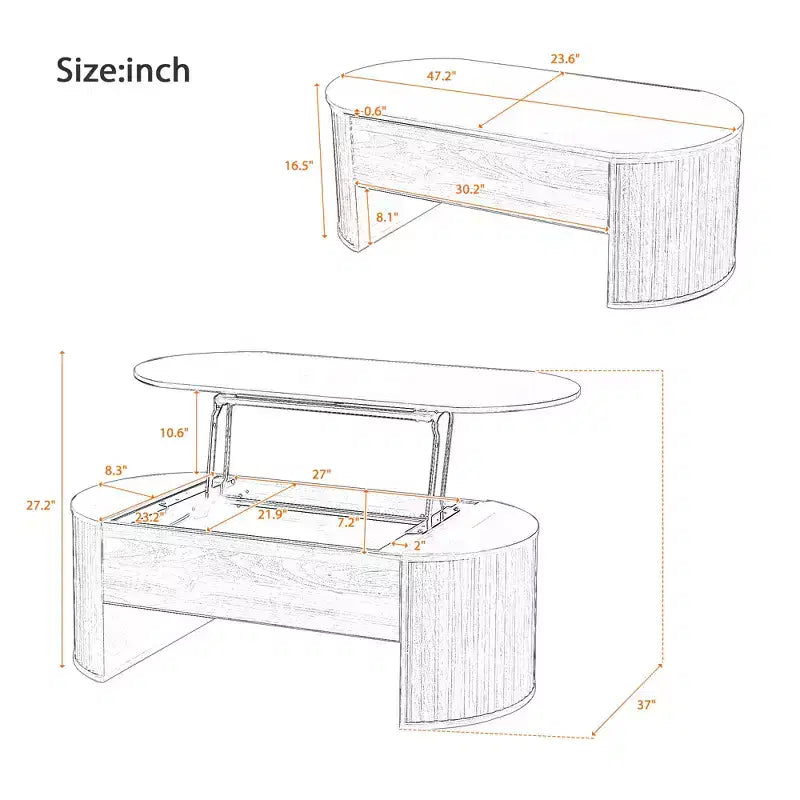 47.2 Table basse relevable avec compartiment caché, ovale, marron
