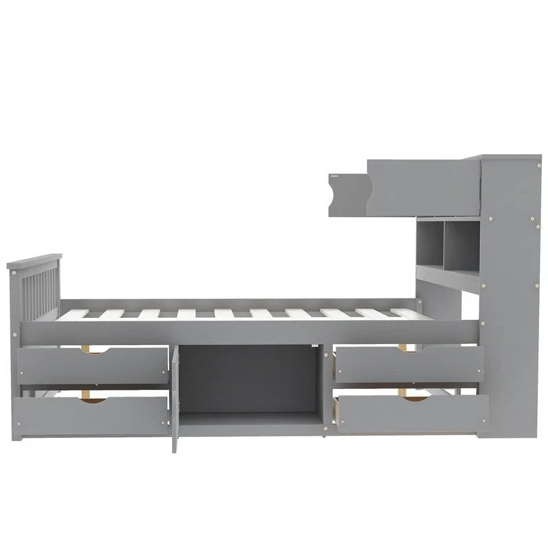 Letto a piattaforma Twin/Full Size Captain con 4 cassetti e mensole portaoggetti, struttura letto in legno massello con testiera libreria contenitore
