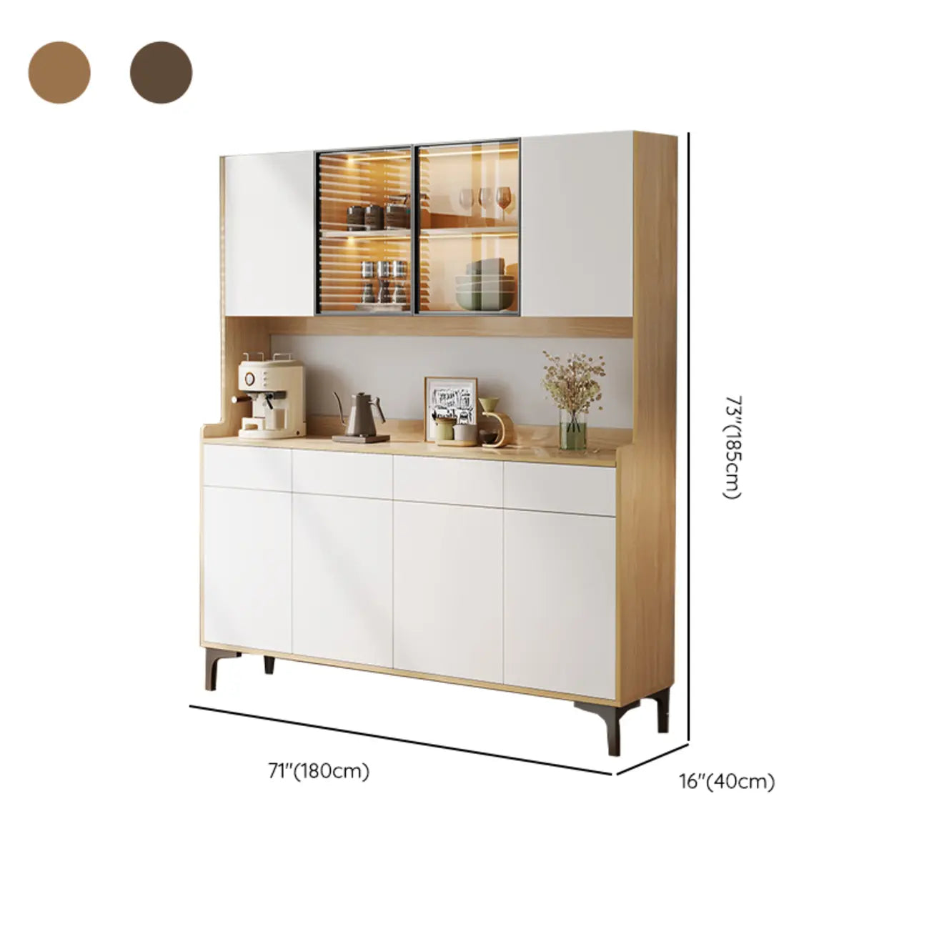 Credenza grande in legno e vetro con alzata superiore