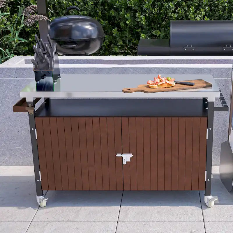 Carrello per Barbecue da Esterno con Piano in Acciaio Inox (sgabello non incluso)