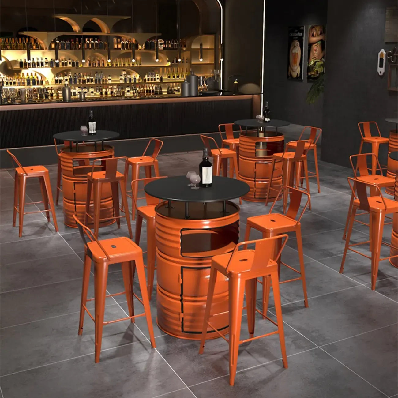 Tavoli da bar contenitori in metallo neri e arancioni industriali a forma di bidone