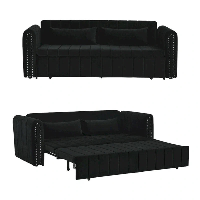 Divano letto moderno convertibile imbottito in velluto con braccioli arrotolati decorati con borchie in rame