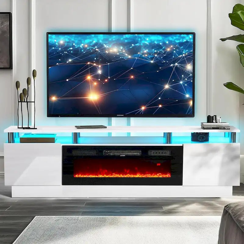 Mobile TV a 2 ripiani da 80 pollici per TV fino a 90, con camino elettrico da 36 pollici