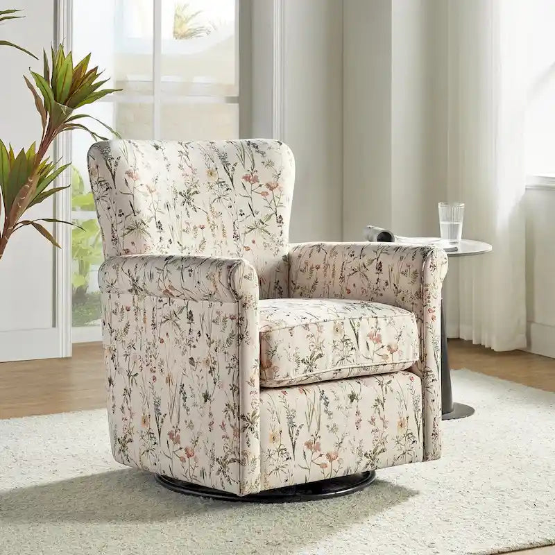 Poltrona girevole a dondolo Georg Comfortable Floral Fabric con braccioli arrotolati di HULALA HOME