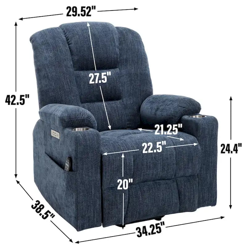 Poltrona Reclinabile Power Lift con Massaggio e Calore, Poltrone Reclinabili Larghe Imbottite Lazy Boy con USB, Porte Type C e 2 Portabicchieri in Acciaio
