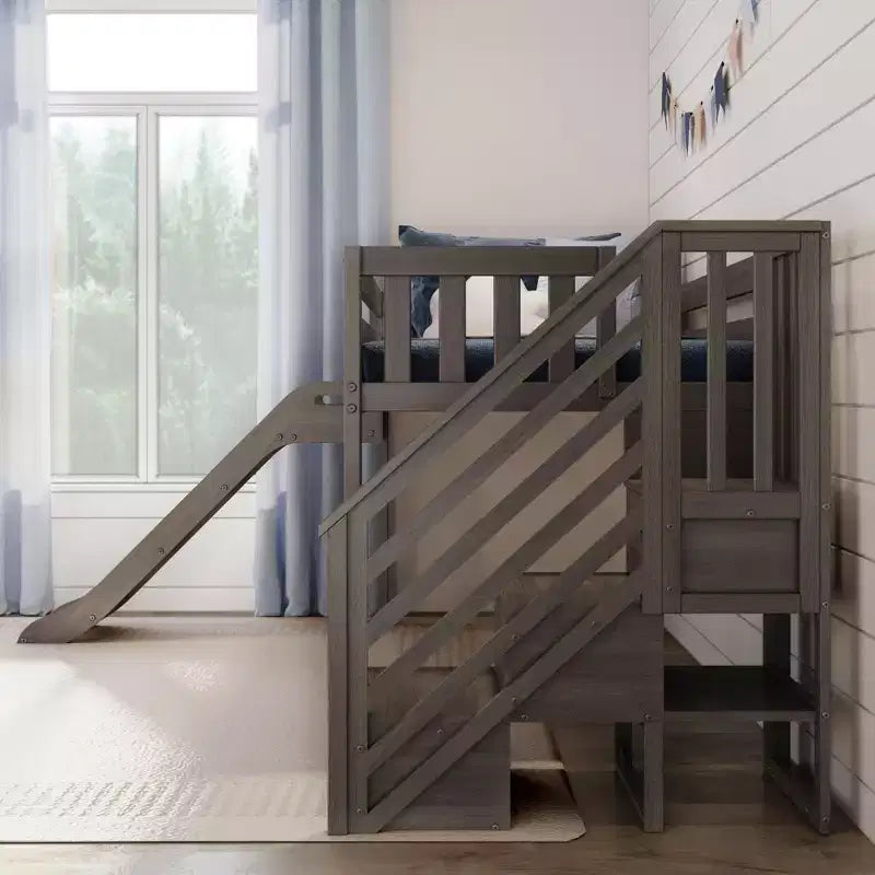 Letto a soppalco basso per bambini con scivolo e scale, in legno massiccio, 14 sponde protettive, capacità 180 kg