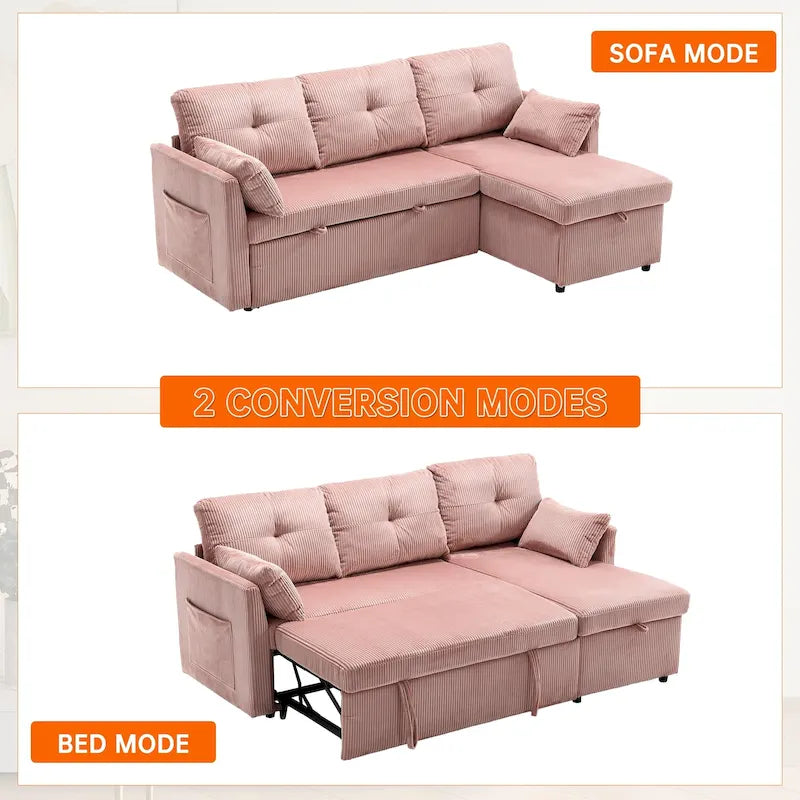 Divano Sezionale a L con Chaise Reversibile, Rivestimento in Velluto a Coste/Ciniglia, con Bracciolo Portaoggetti e Tasca Laterale