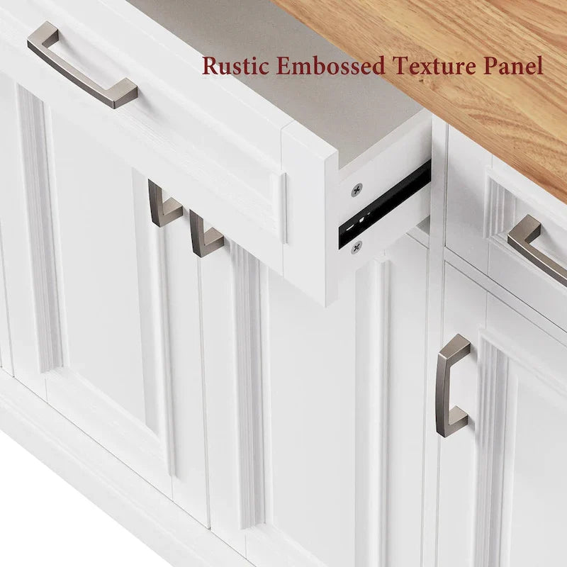 Grande isola da cucina con ribalta in legno, carrello da cucina arrotolabile con texture in rilievo, ante e cassetti con contenitore per cucina, bianco